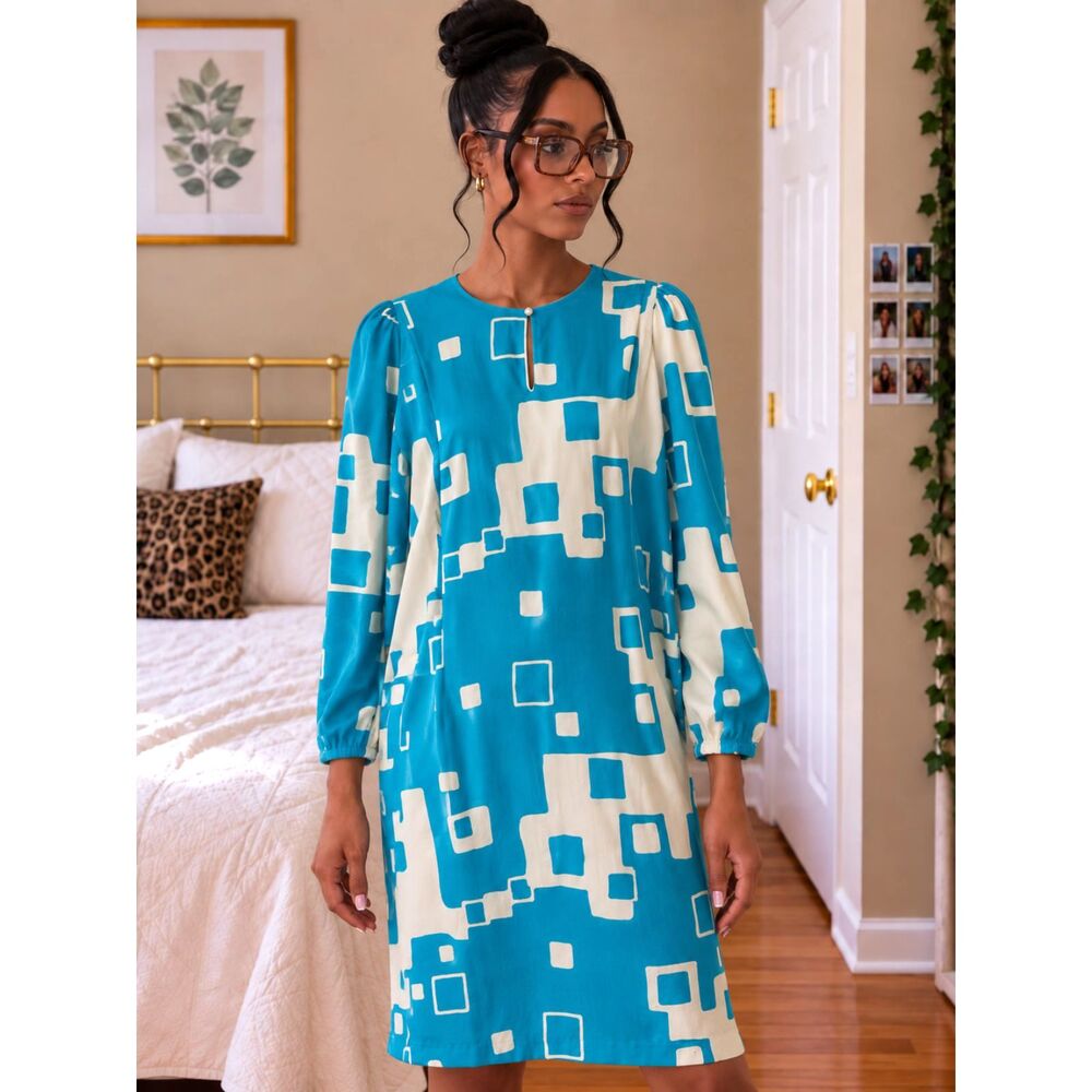 Vintage AP LTD Silk Shift Dress 12 Teal Geometric Mod Abstract Print 80s